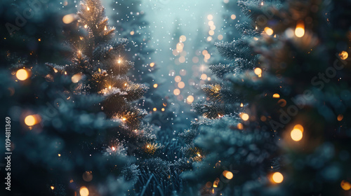 Christmas background with fir trees and twinkling lights, creating a magical holiday atmosphere