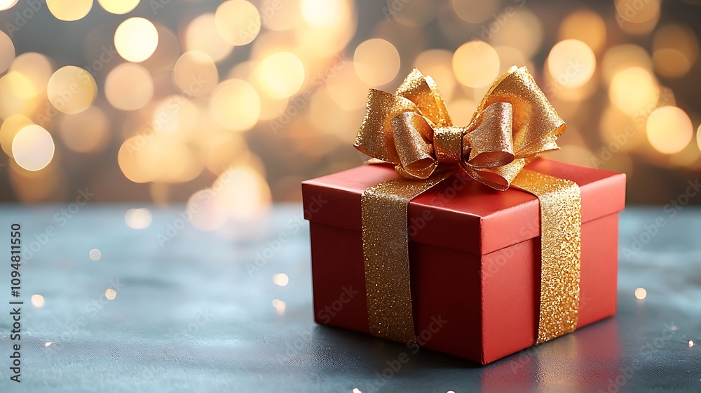 The red and gold themed party setup includes a stunning focal point with a large gift box adorned with a luxurious golden bow The red and gold themed party setup includes a stunning focal point with a large gift box adorned with a luxurious golden bow