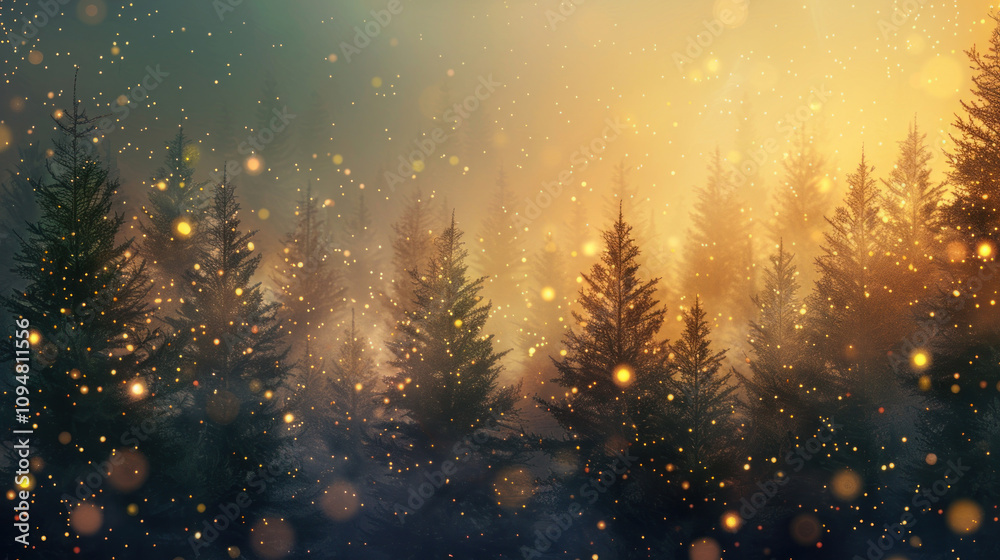Naklejka premium Christmas background with fir trees and twinkling lights, creating a magical holiday atmosphere