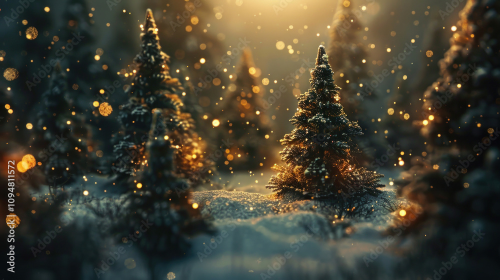 Naklejka premium Christmas background with fir trees and twinkling lights, creating a magical holiday atmosphere