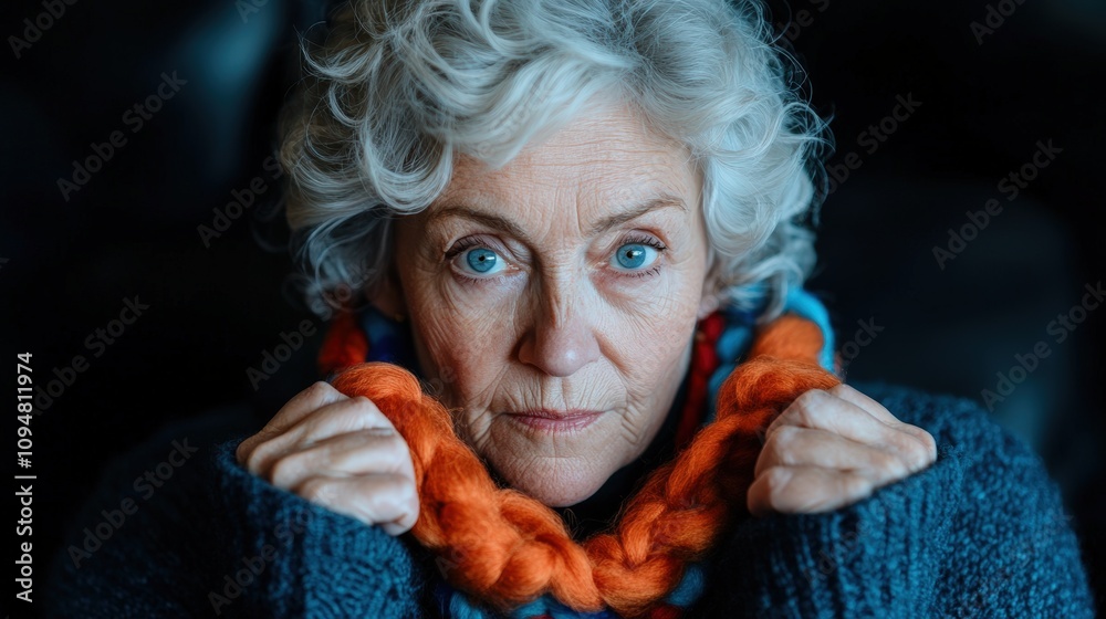 Elderly woman with curly hair wearing a colorful scarf against a dark background Elderly woman with curly hair wearing a colorful scarf against a dark background