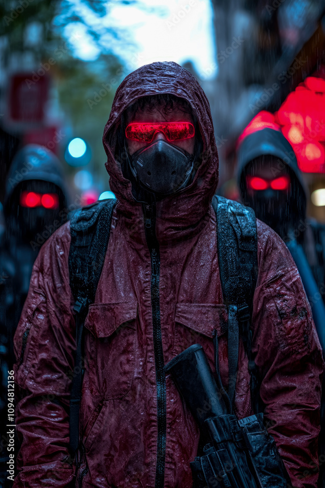 A group of figures in hooded jackets with red glowing eyes stands in a dimly lit street, rain falling around them, creating an intense atmosphere A group of figures in hooded jackets with red glowing eyes stands in a dimly lit street, rain falling around them, creating an intense atmosphere