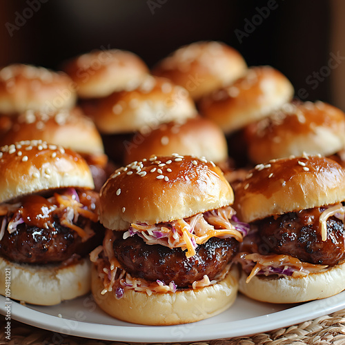 Delicious BBQ beef sausage sliders topped with coleslaw on soft buns. Perfect for gatherings and parties, these sliders are crowd pleaser with their sweet and tangy flavor photo