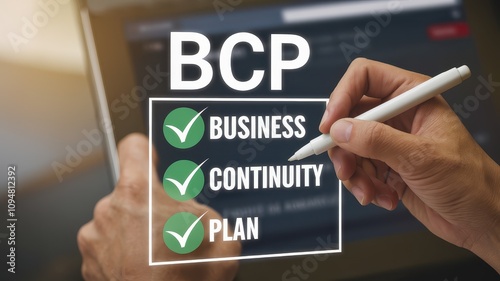 BCP Concept , Business Continuity Plan Concept with Checklist and Document on Desk  Preparing for Unexpected Disruptions and Maintaining During Crises or Emergencies