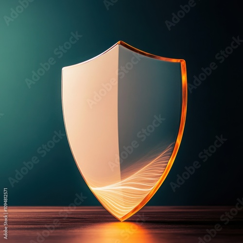 Anti tracking with shield concept. A sleek, illuminated shield symbolizing protection and security, set against a dark background with a wooden surface.