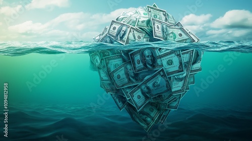 iceberg made entirely of dollar bills floating in an ocean photo