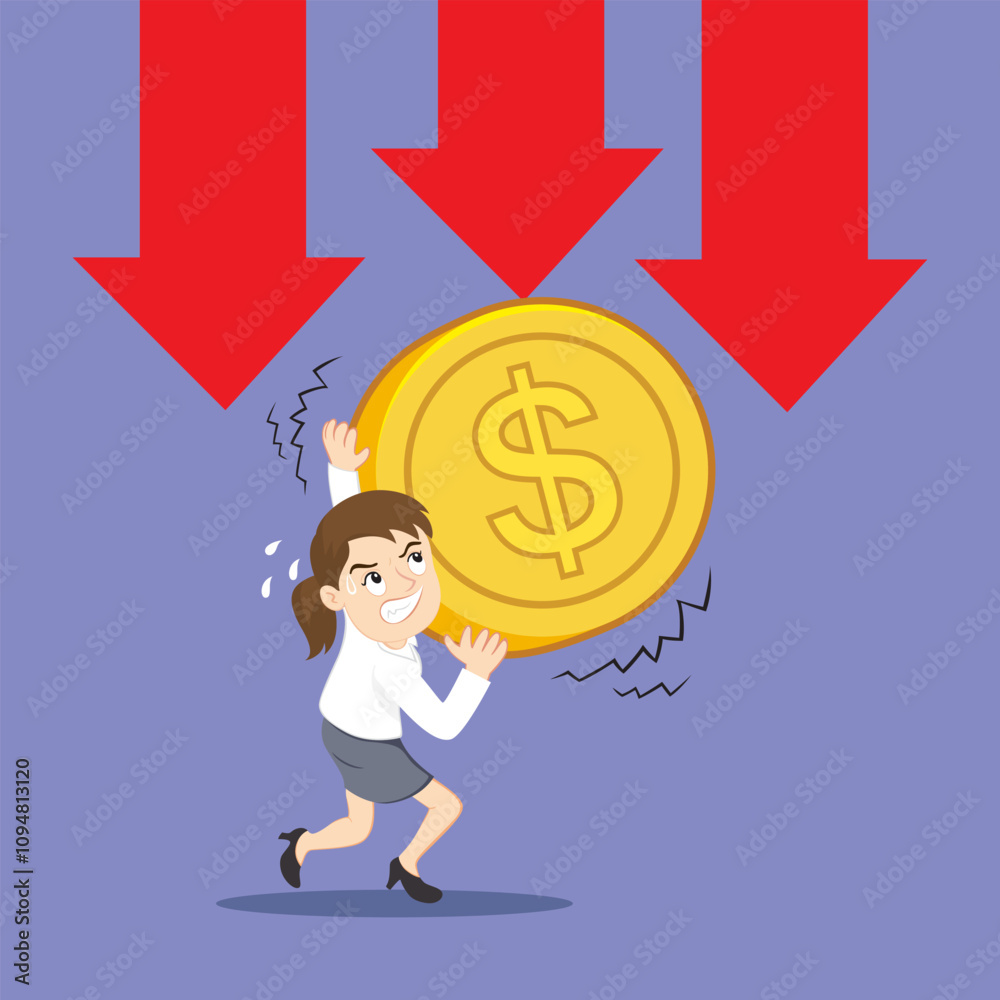 Business Woman With Gold Coin Arrow Down. Arrow Financial Crisis. Flat, Vector, Illustration, Cartoon, EPS10. Business Woman With Gold Coin Arrow Down. Arrow Financial Crisis. Flat, Vector, Illustration, Cartoon, EPS10.