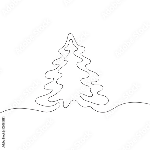abstract christmas tree in line art style, black continuous line isolated on white background, modern design element,hand drawn vector illustration for cards,poster,banner,print,wallpaper,decoration