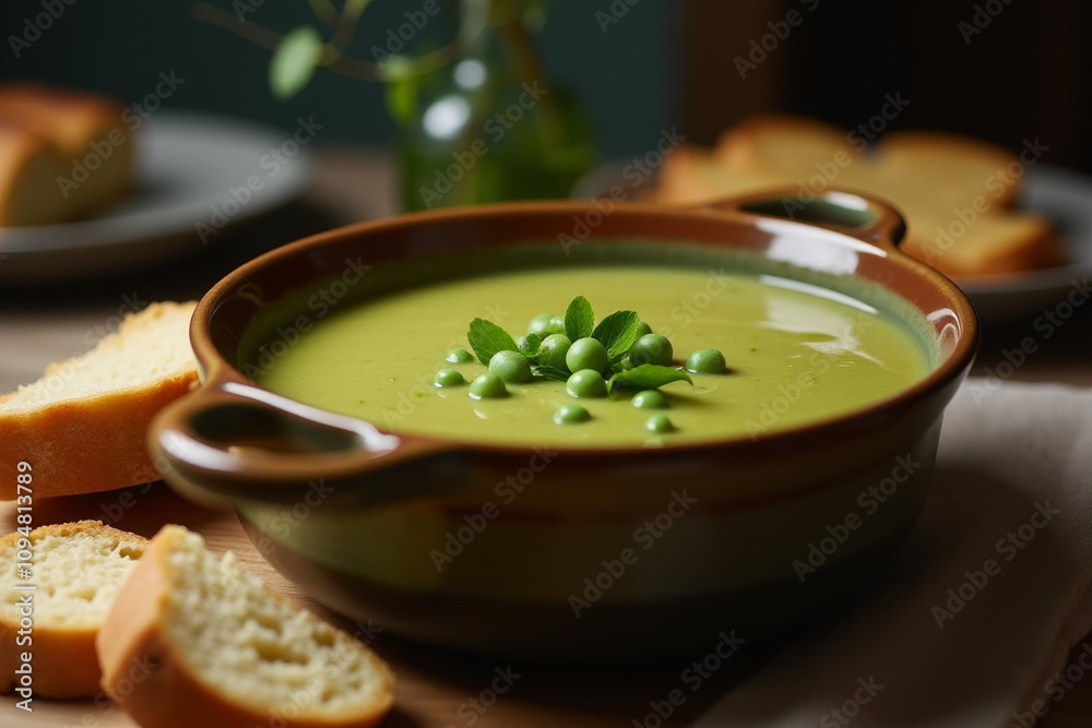 Hot pea soup puree in tureen with slices of bread on the kitchen table. Hot pea soup puree in tureen with slices of bread on the kitchen table.