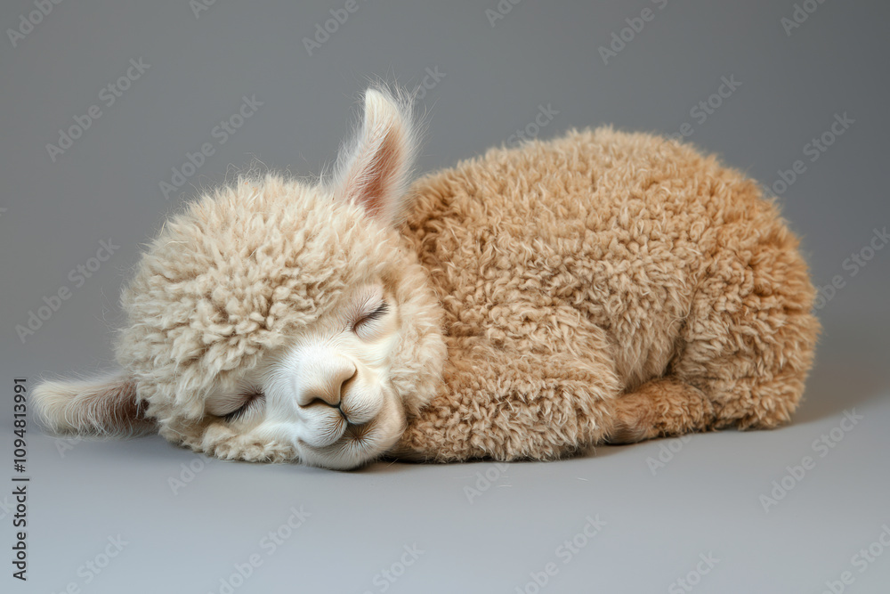 Fototapeta premium Sleepy baby alpaca with half closed eyes, resting peacefully on soft surface. This adorable creature exudes sense of calm and tranquility, perfect for animal lovers