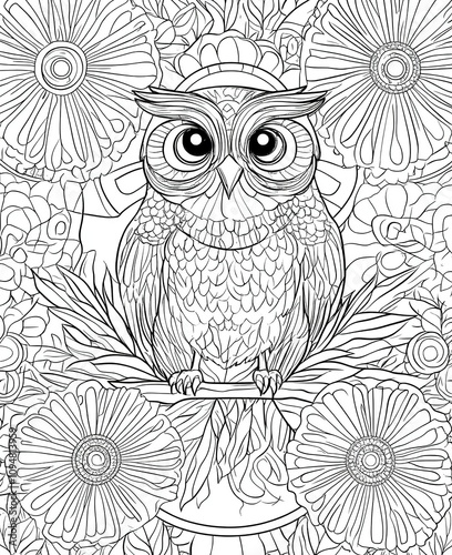 Intricate owl illustration sitting on a branch surrounded by detailed flowers, designed as a coloring page