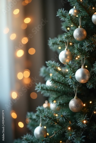 Classic Green Christmas Tree with Silver Ornaments Lights