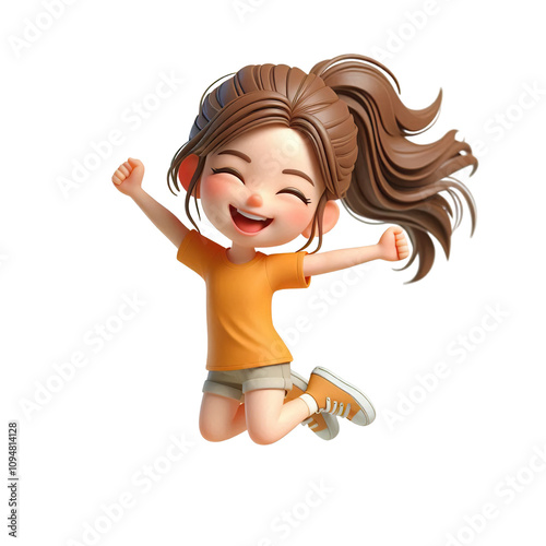 Joyful Cartoon Girl Jumping, Happy, 3D Render, Fashionable isolated PNG
