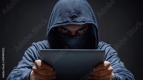 Portrait of a hacker operating a laptop, isolated  photo
