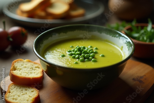 Hot pea soup puree in tureen with slices of bread on the kitchen table. photo