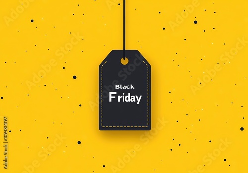 Black Friday sale tag with bold white text on a black label against a bright yellow background photo