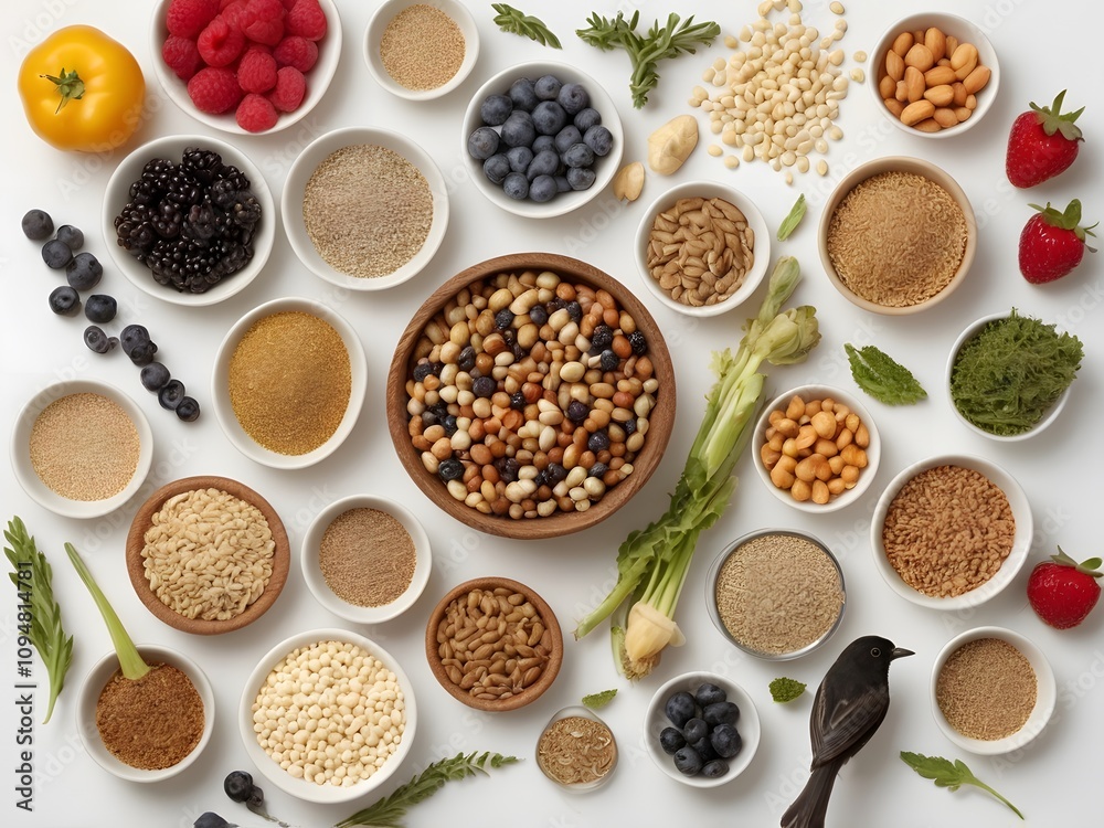 Bowls of various fruits, nuts and seeds showing a healthy parrot diet Bowls of various fruits, nuts and seeds showing a healthy parrot diet