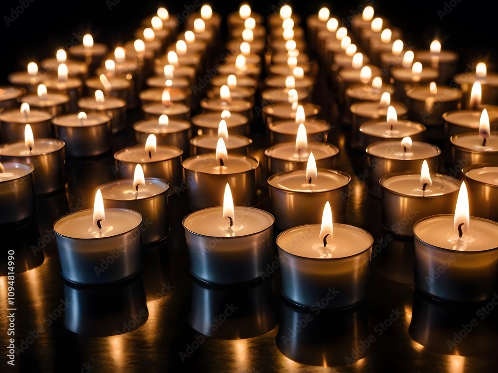 Rows of lit candles Rows of lit candles