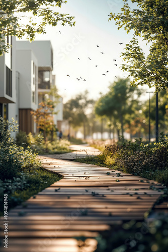 A wooden walkway in the middle of a park with birds flying overhead