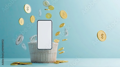 large 3D mockup of a blank, white smartphone screen. With a blue backdrop, the basket and fluttering dollar coins represent the idea of digital consumerism. The idea of online purchasing, shipping, an photo