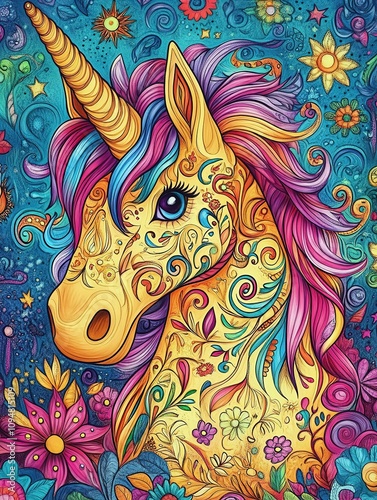 Vibrant and intricate illustration of a unicorn with colorful swirls, floral patterns, and a whimsical background photo