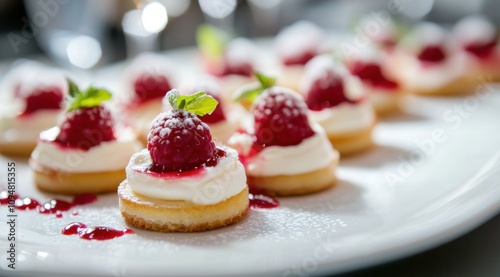 A close-up of small tarts with vanilla cream and fresh raspberries