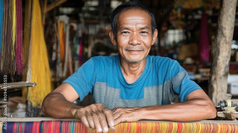 Obraz premium Filipino artisan weaves colorful threads with vibrant textiles in the background