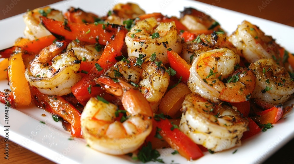 A beautifully arranged dish of grilled large shrimp on a white plate, garnished with colorful bell peppers and herbs, emphasizing a gourmet seafood experience A beautifully arranged dish of grilled large shrimp on a white plate, garnished with colorful bell peppers and herbs, emphasizing a gourmet seafood experience
