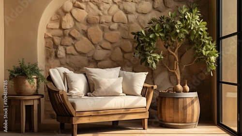 A rustic living room with a wooden barrel chair and fabric cushion, accented by a root ball wooden table and a venetian stucco wall for a natural aesthetic. photo