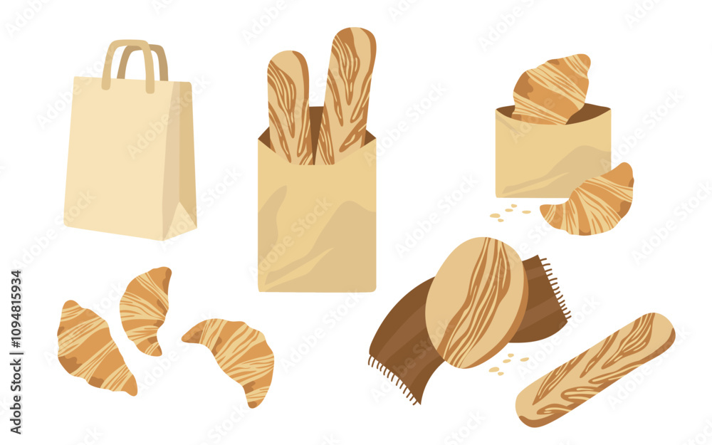 Variety of pastries and baked goods in paper bags and wrappers Variety of pastries and baked goods in paper bags and wrappers