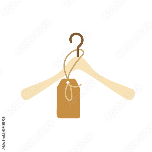 Minimalist wooden hanger with price tag on white background