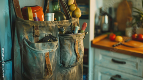 Close-up of a multifunctional bag with multiple pockets and zippers, perfect for organizing groceries and essentials photo