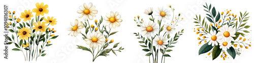 Bright and cheerful floral arrangements featuring yellow and white daisies, perfect for adding touch of nature to any design. These simple yet elegant bouquets evoke feelings of joy and freshness