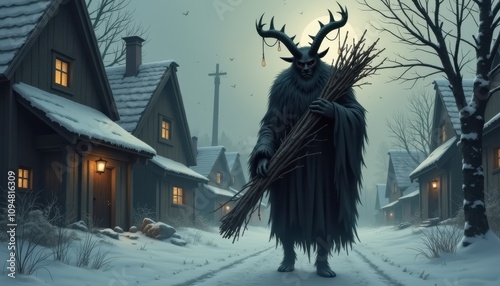 Krampus night scene featuring horned figure holding bundle of sticks in snowy village photo