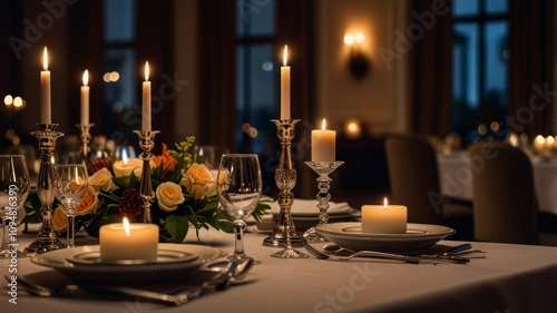 Romantic candlelit dinner table setting with flowers and silverware.