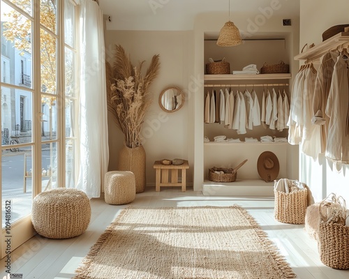 Charming kids fashion boutique with corduroy textures, a warm neutral palette, and soft natural light pouring through large windows photo