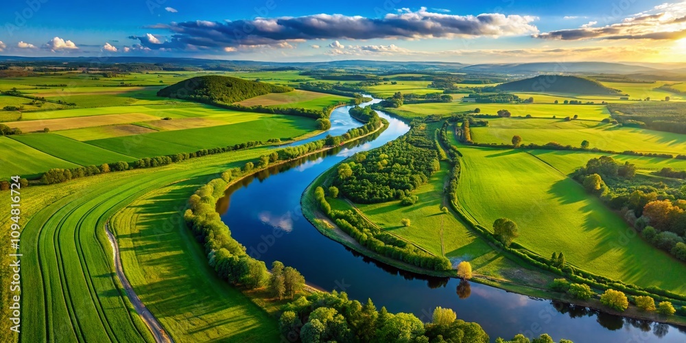 Obraz premium Aerial View of a Serene Landscape with Lush Green Fields and a Meandering River Ideal for Free Use in Commercial Projects