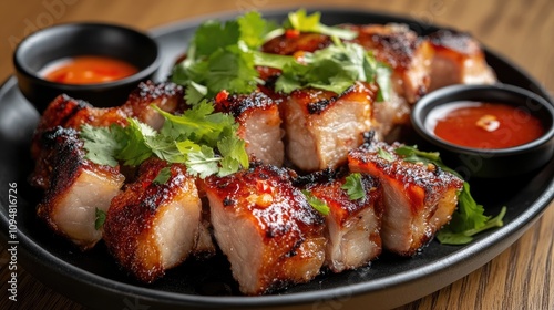 A beautifully plated dish of hot crispy pork, garnished with fresh herbs and accompanied by dipping sauces, highlighting the delicious textures and colors.