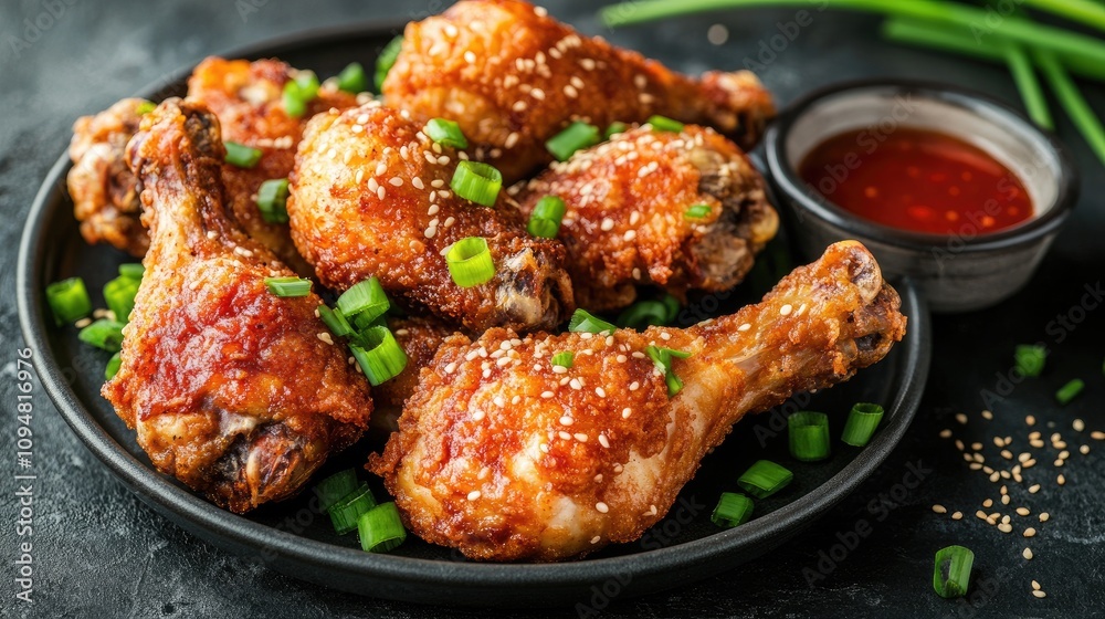A beautifully presented platter of fried chicken pieces, garnished with sesame seeds and green onions, served with a small bowl of soy sauce for dipping A beautifully presented platter of fried chicken pieces, garnished with sesame seeds and green onions, served with a small bowl of soy sauce for dipping