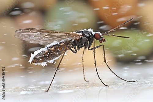 glitch,  midge with cottony downy fluff landing outside on a table dark atmosphere snow wallpaper , isolated on white background,  , copy space, copy space for text, photo