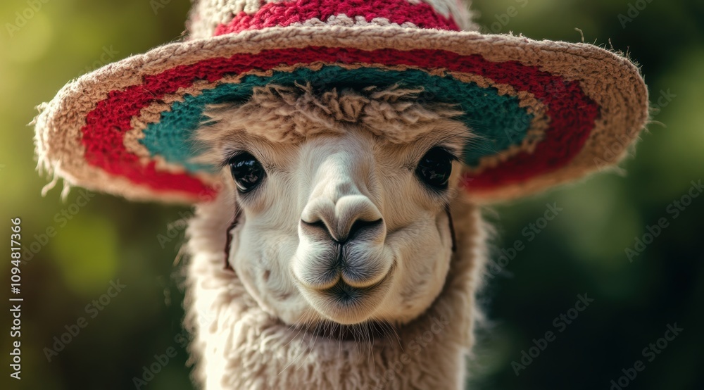 Fototapeta premium A photograph of an alpaca wearing sombrero, funny portrait, colorful 