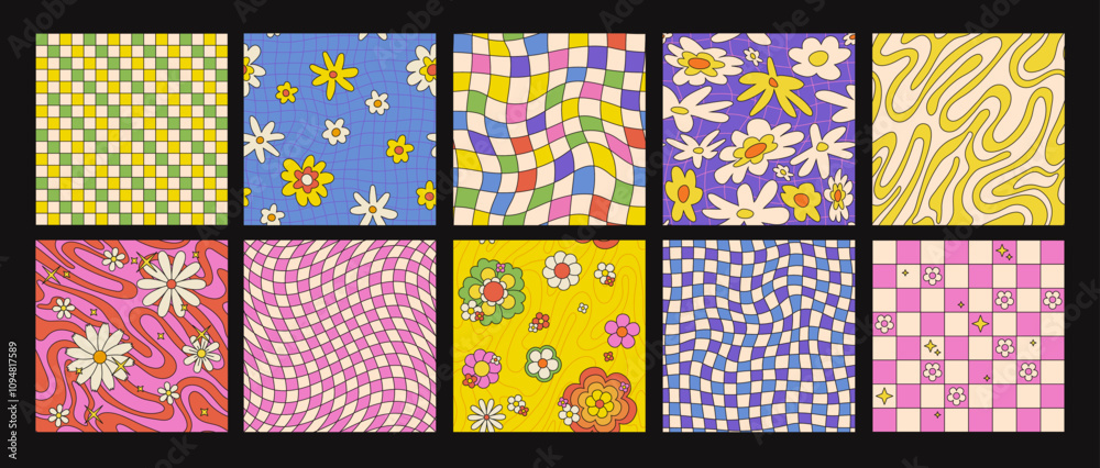 Groovy 70s aesthetic seamless patterns with daisy flowers, psychedelic wavy checkerboard backgrounds. Hippie checkered pattern with daisies, colorful funky vintage floral textile print vector set