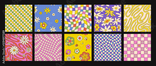 Groovy 70s aesthetic seamless patterns with daisy flowers, psychedelic wavy checkerboard backgrounds. Hippie checkered pattern with daisies, colorful funky vintage floral textile print vector set