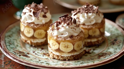 Wallpaper Mural A charming presentation of banoffee cups filled with layers of banana, toffee sauce, and whipped cream, served on a decorative plate with chocolate shavings. Torontodigital.ca