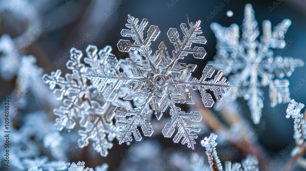Close-up of intricate snowflakes gently falling in a serene winter background with frosted trees Close-up of intricate snowflakes gently falling in a serene winter background with frosted trees