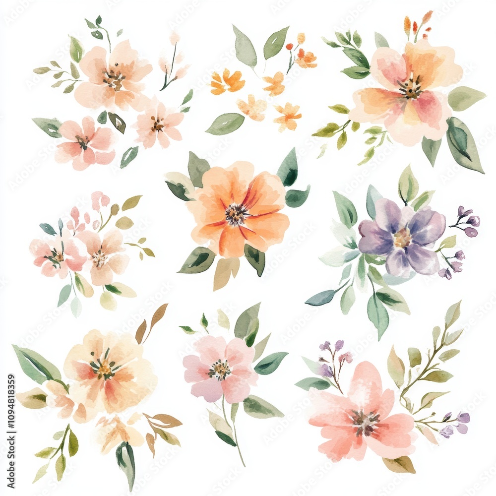 Fototapeta premium Watercolor floral clipart, pastel colors, white background, vector illustration style