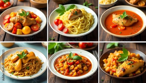 Collage of food in the dishes. A variety of food, vegetables, chicken, close-up and top view