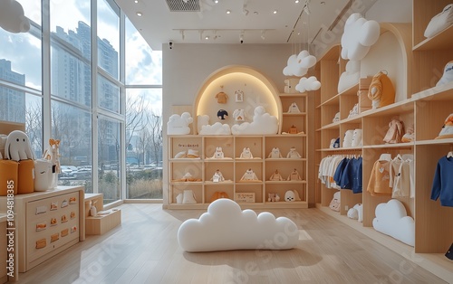 Modern kids fashion store with foam cloud shelves, showcasing a collection of beige, white, and dark blue clothing in warm neutral tones photo