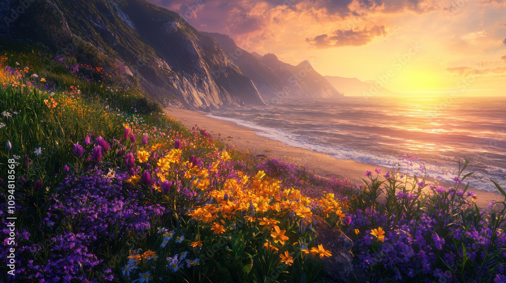 Obraz premium Coastal Sunset Serenity: Vibrant wildflowers bloom along a breathtaking coastal scene, bathed in the warm glow of a picturesque sunset. The tranquil ocean meets dramatic cliffs.