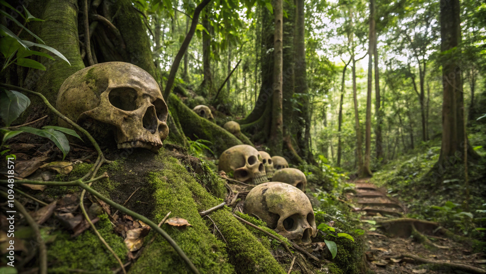 Naklejka premium Human skulls in the jungle. Human skulls. A graveyard of skulls is shown in a jungle.